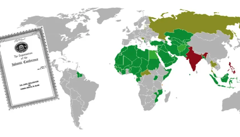 Världskarta med länder färgkodade, bredvid ett dokument om "The Cairo Declaration on Human Rights in Islam". Ingen koppling till black magic islam.