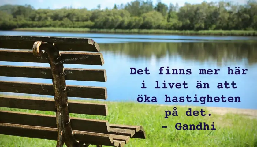 En bänk vid en sjö med texten "Det finns mer här i livet än att öka hastigheten på det. - Gandhi". En påminnelse om att njuta av lugnet, som en دعاء يوم السبت.