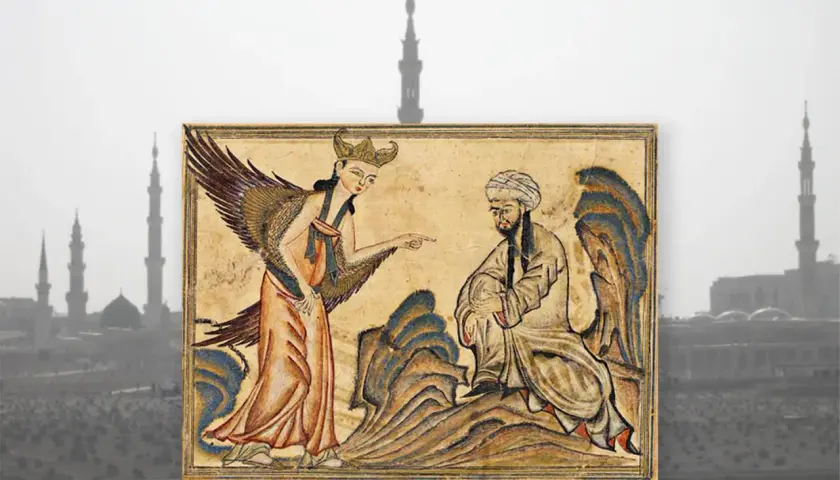 En ängel med vingar talar till en man i en islamisk miniatyrmålning, som representerar en av alla profeter i islam.