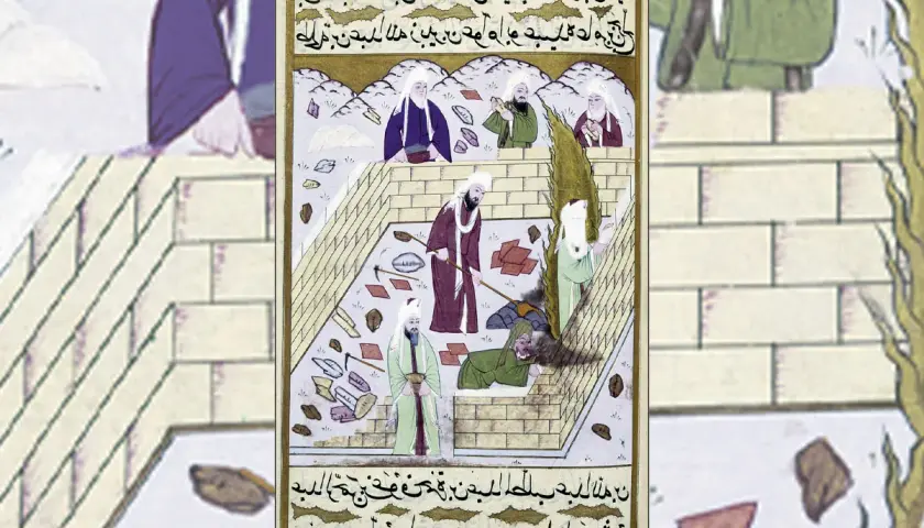 Miniatyrbild som visar en gravöppning där män arbetar. En person ligger i graven, vilket kan tolkas som en illustration av hur Muhammad dog.