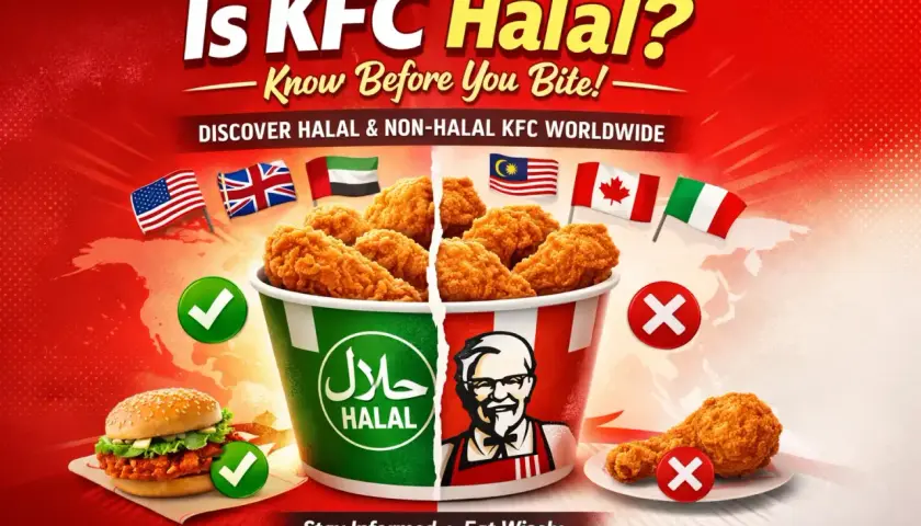 Är KFC halal i Sverige? Bilden visar en delad hink med kyckling, en med halal-symbol, och flaggor från olika länder.
