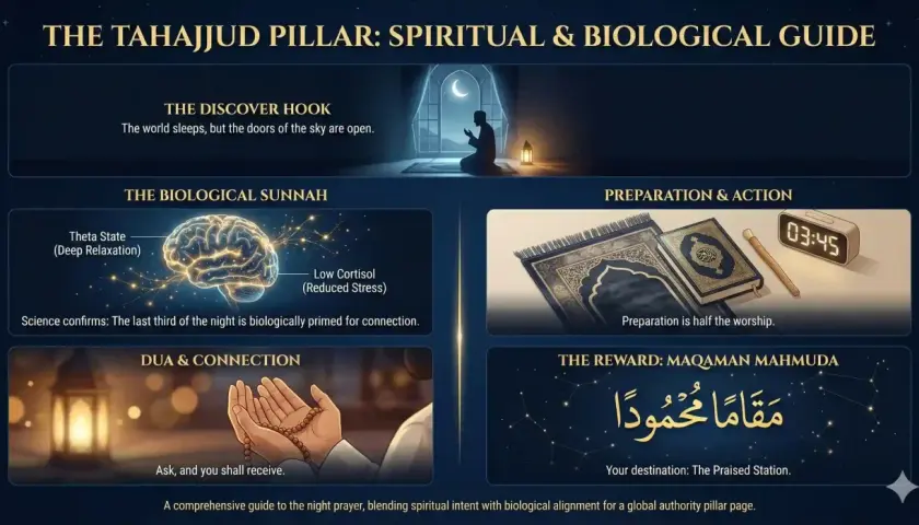 En guide till Tahajjud: hur många rakat är Tahajjud? Bilden visar en person som ber, en hjärna, bönekuddar och en väckarklocka.