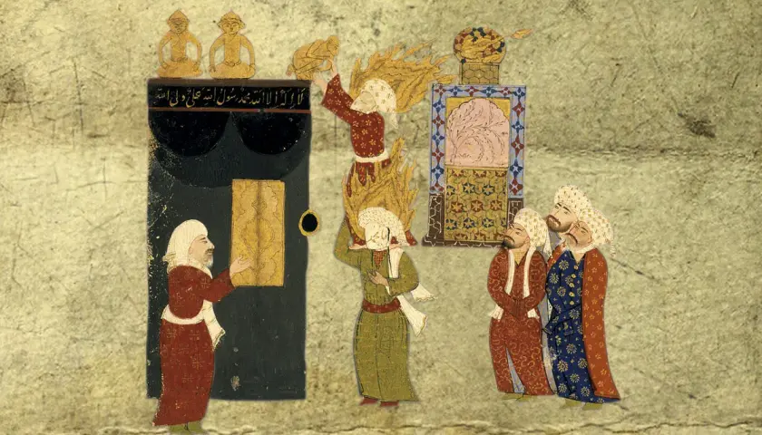 En man vid Kaba, en annan bär en brinnande lammskinnsrulle. Muhammeds make/maka är inte synlig.