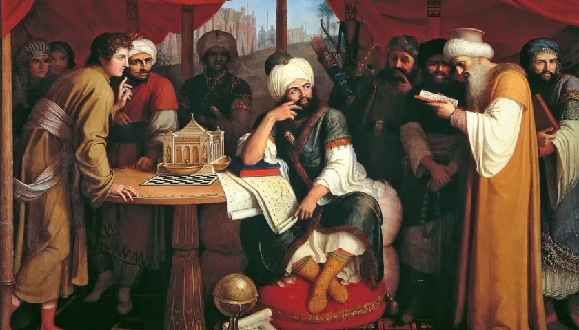 Abu Bakr, omgiven av män i en tältliknande miljö, studerar en karta. Ett schackbräde och en miniatyrbyggnad finns på bordet.
