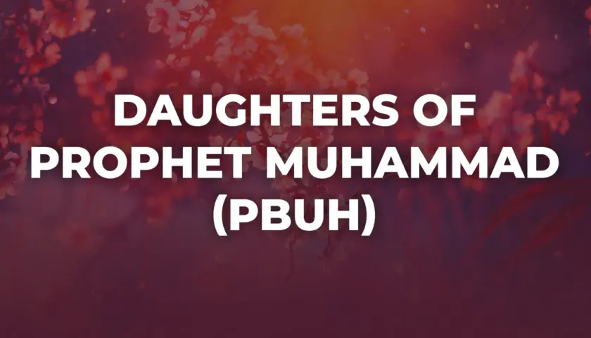 Text "DAUGHTERS OF PROPHET MUHAMMAD (PBUH)" mot röd bakgrund med blommor.