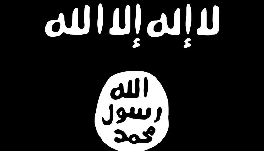 Svart flagga med vit text. Överst står "Det finns ingen gud utom Allah". Nedanför, i en vit cirkel, står "Allahs sändebud är Muhammed". Detta symboliserar vad som är haram.