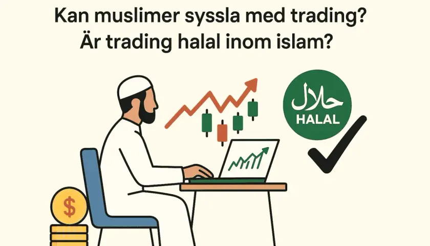 Muslimsk man tittar på tradingdiagram på laptop. Frågan är om trading är halal. En grön cirkel med "HALAL" och en bock indikerar att det är tillåtet.