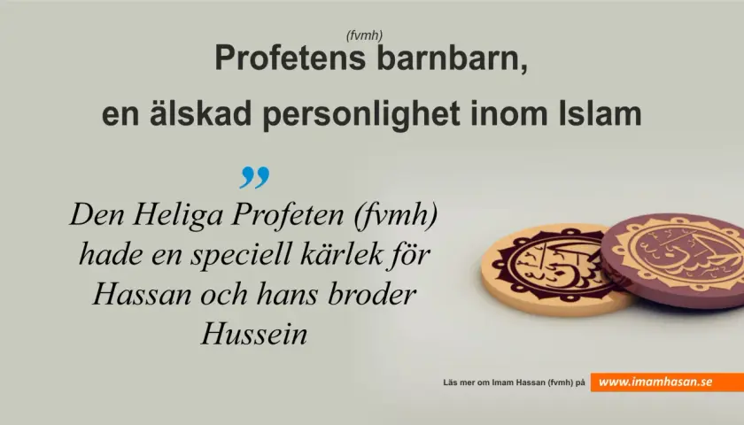 Two Islamic medallions with Arabic calligraphy on a light background, with Swedish text about Prophet Muhammad's grandchildren.