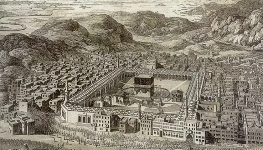 En historisk gravyr av Mecka med Kaba i centrum, omgiven av byggnader och berg. En folkmassa samlas, kanske under ledning av Abd al-Muttalib.