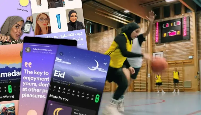 Kvinnor i hijab spelar basket, med skärmdumpar av appar som visar en islamisk citat om njutning och Eid.