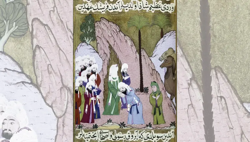 En miniatyrmålning visar en grupp män, kameler och en ung person i en bergig miljö. Den skildrar vem är Muhammed inom islam.