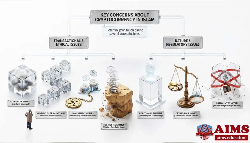 Diagrammet visar varför **krypto är haram** enligt islamiska principer, med fokus på transaktionella, etiska och regulatoriska problem.