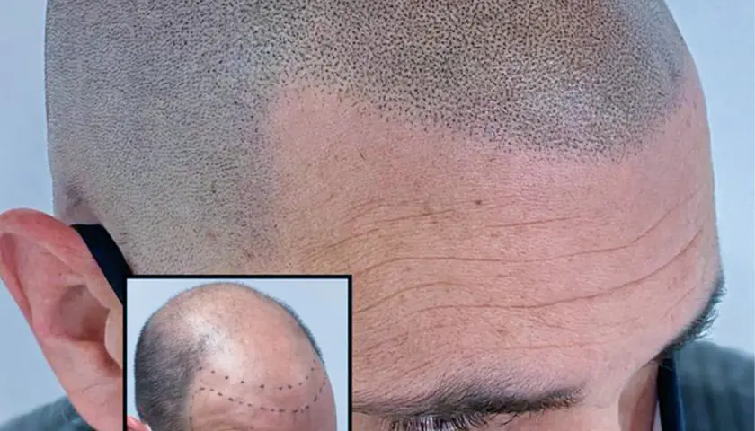 Närbild på en rakad skalle med en insatt bild som visar markerade punkter för hårtransplantation. Frågan om hårtransplantation är haram är relevant för många.