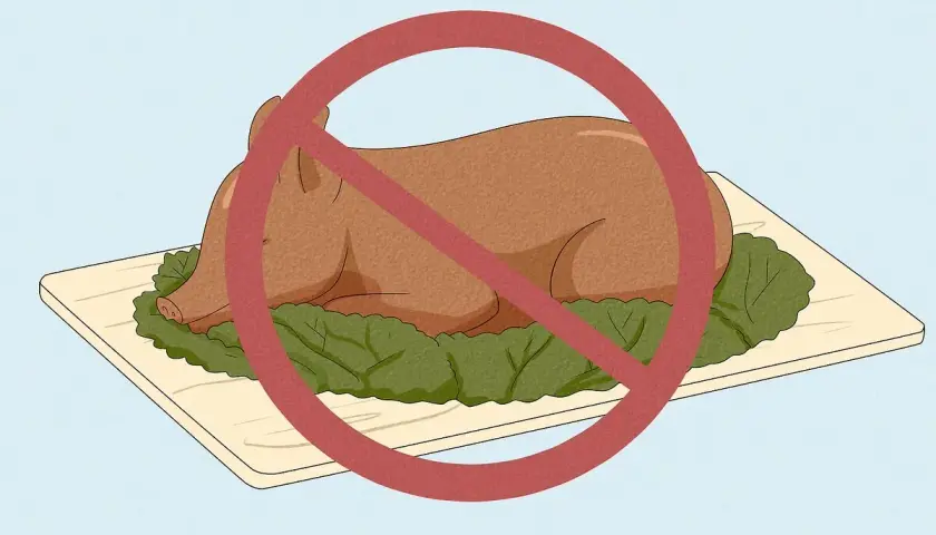 En hel, stekt gris på ett fat, med ett rött förbudstecken över. Detta symboliserar att fläskkött är haram.