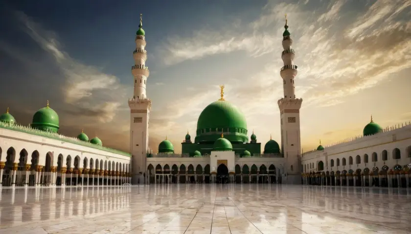 Profetens moské i Medina med sina gröna kupoler och minareter. En plats för bön och reflektion, som Muhammed kisa besökte.