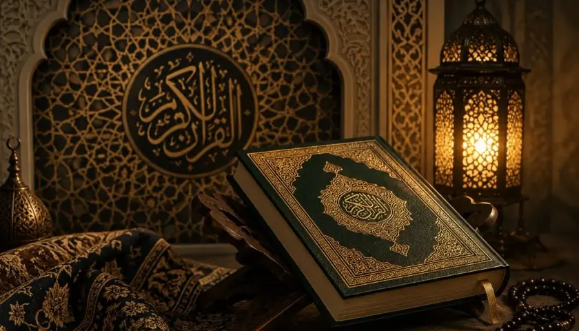 En vackert dekorerad Koran på ett träställ, med en islamisk lykta och en bönkedja. En hyllning till tro och tradition, som påminner om Ibrahim ibn Muhammad.