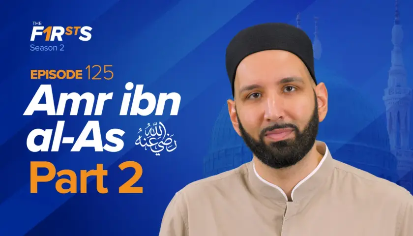 En man med skägg och en svart mössa, med texten "Amr ibn al-As Part 2" och en moské i bakgrunden.