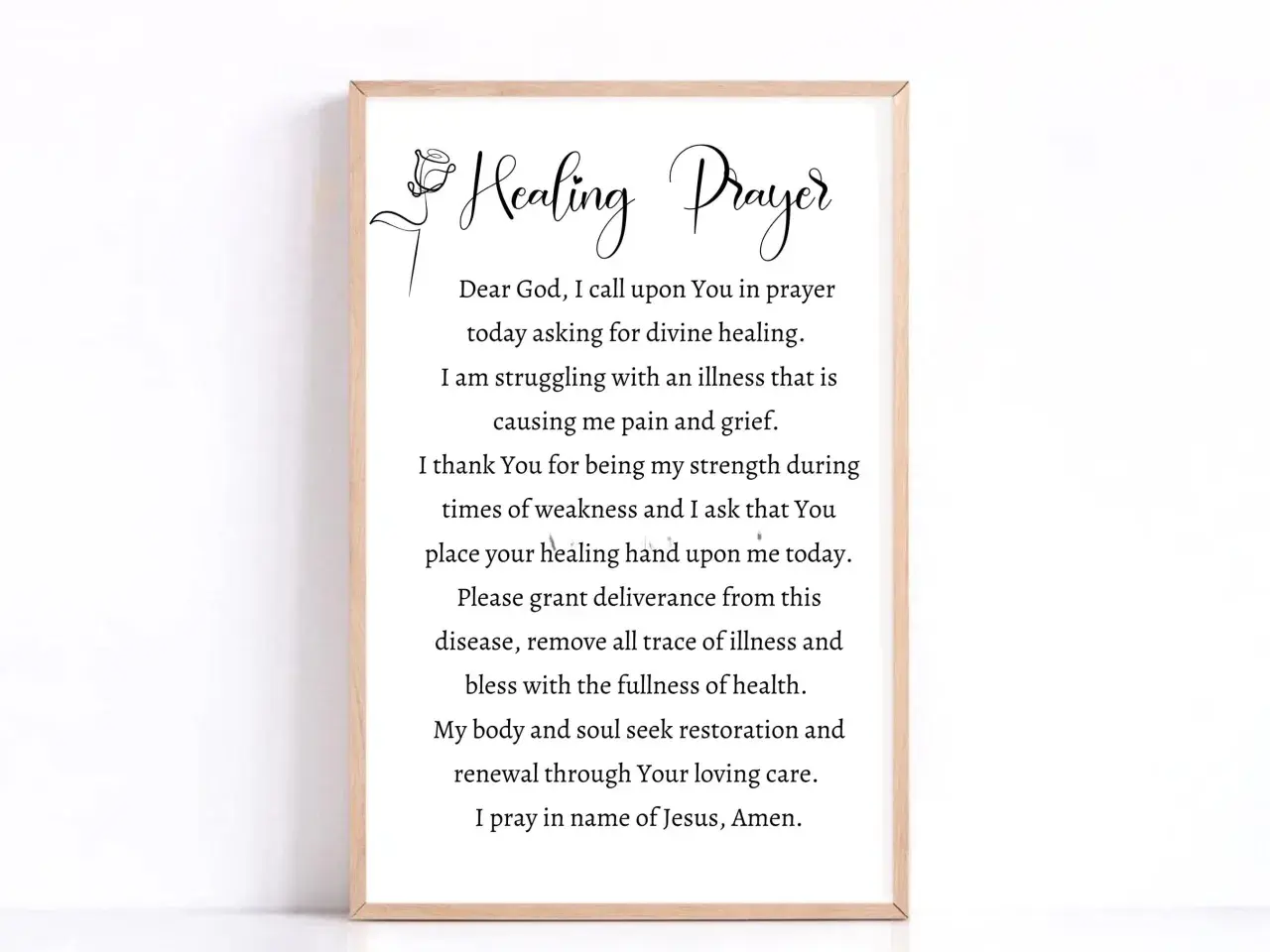 En inramad text med en bön om helande. Texten lyder: "Healing Prayer. Dear God, I call upon You in prayer today asking for divine healing. I am struggling with an illness that is causing me pain and grief. I thank You for being my strength during times...