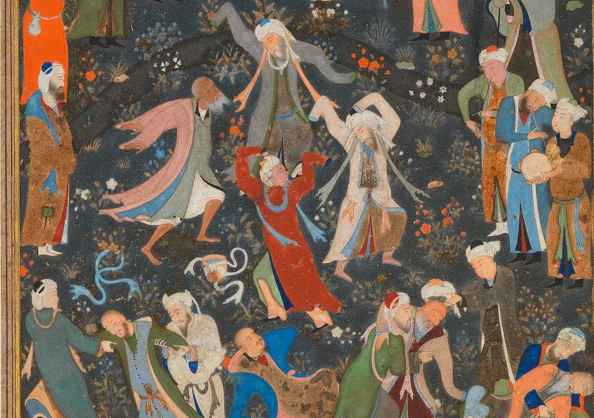 Män i färgglada kläder dansar och spelar musik, en scen som skildrar sufi islam.