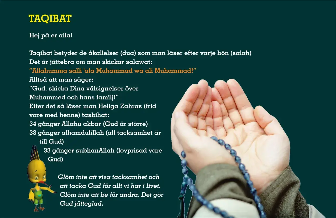 Händer i bön med radband, text om taqibat efter salah (islamisk bön) och salawat.