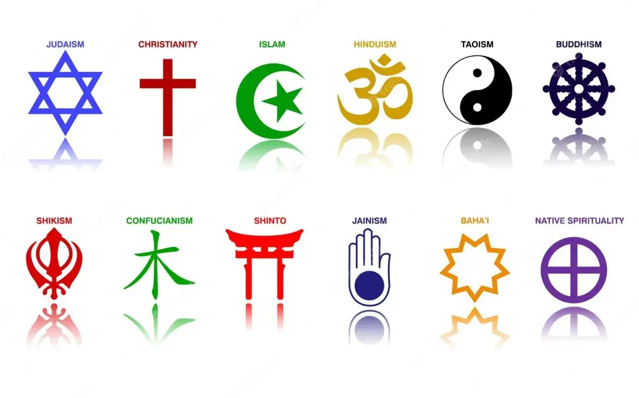Symboler för olika religioner, inklusive islam med halvmåne och stjärna. Jämför med judendom, kristendom, hinduism, buddhism, taoism, shinto, jainism, bahá'í och inhemsk andlighet.