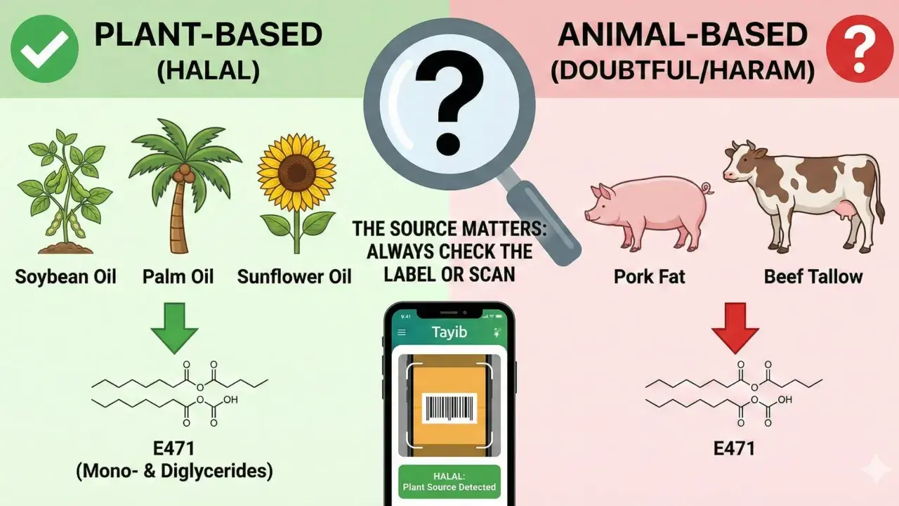 Infographic comparing plant-based (halal) sources like soybean, palm, and sunflower oil with animal-based (doubtful/haram) sources like pork fat and beef tallow, both leading to E471.