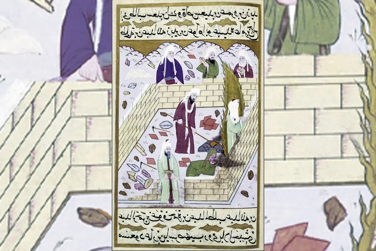 Miniatyrbild som visar en gravöppning där män arbetar. En person ligger i graven, vilket kan tolkas som en illustration av hur Muhammad dog.