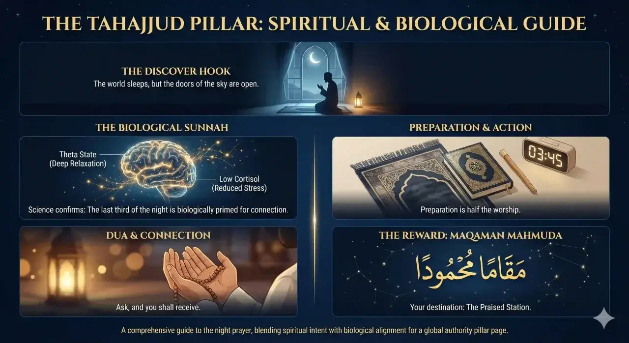 En guide till Tahajjud: hur många rakat är Tahajjud? Bilden visar en person som ber, en hjärna, bönekuddar och en väckarklocka.