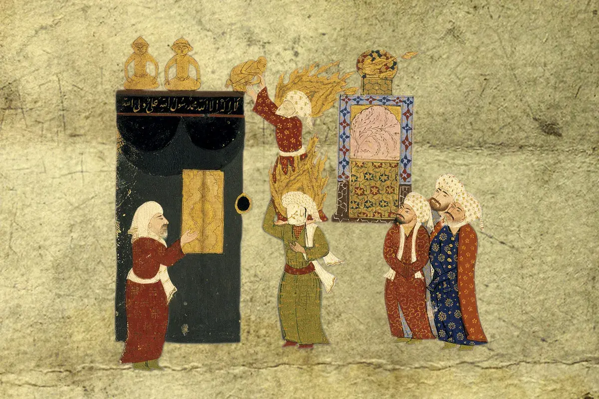 En man vid Kaba, en annan bär en brinnande lammskinnsrulle. Muhammeds make/maka är inte synlig.