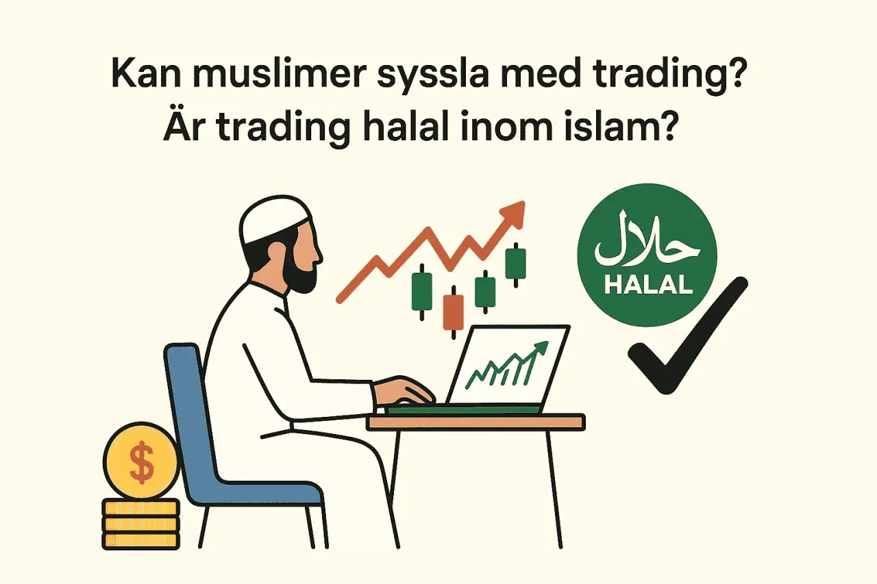 Muslimsk man tittar på tradingdiagram på laptop. Frågan är om trading är halal. En grön cirkel med "HALAL" och en bock indikerar att det är tillåtet.