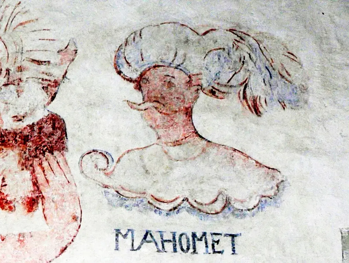 En målning av en man med en stor huvudbonad, märkt "MAHOMET". Frågan "hur många fruar hade muhammed" kan väckas av denna historiska avbildning.