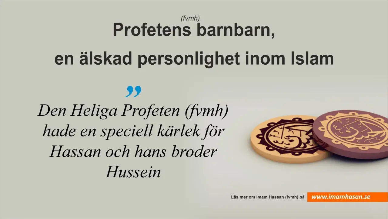 Two Islamic medallions with Arabic calligraphy on a light background, with Swedish text about Prophet Muhammad's grandchildren.