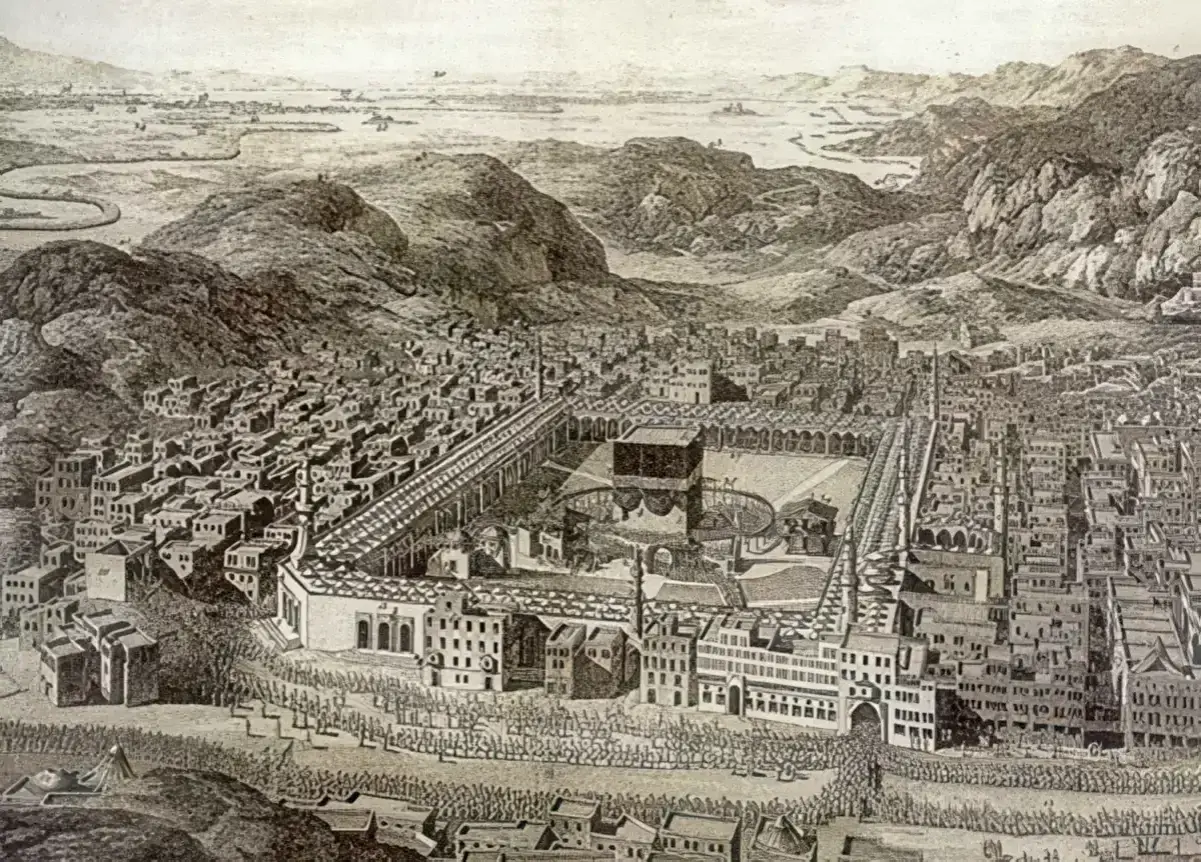En historisk gravyr av Mecka med Kaba i centrum, omgiven av byggnader och berg. En folkmassa samlas, kanske under ledning av Abd al-Muttalib.