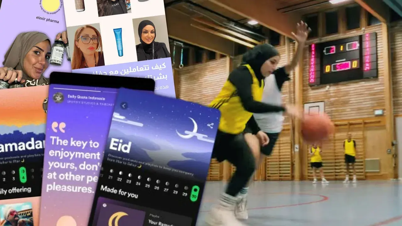 Kvinnor i hijab spelar basket, med skärmdumpar av appar som visar en islamisk citat om njutning och Eid.