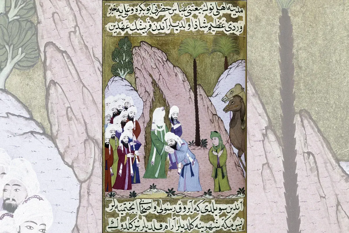 En miniatyrmålning visar en grupp män, kameler och en ung person i en bergig miljö. Den skildrar vem är Muhammed inom islam.