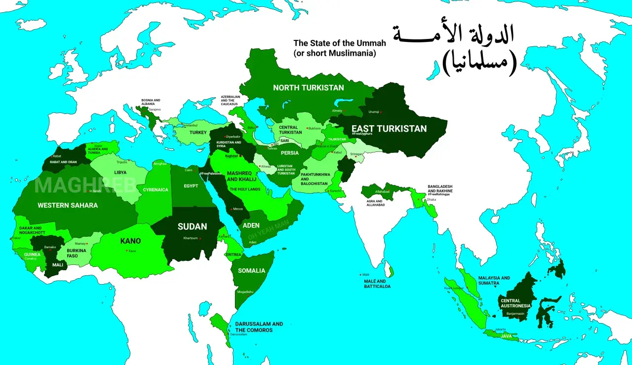 En karta som visar "The State of the Ummah" (eller kort Muslimania), ett hypotetiskt islamiskt rike som sträcker sig över Nordafrika, Mellanöstern och delar av Asien.