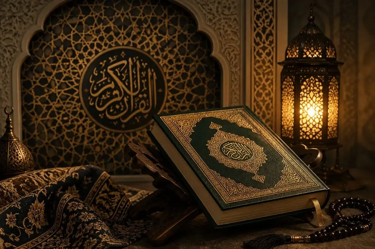 En vackert dekorerad Koran på ett träställ, med en islamisk lykta och en bönkedja. En hyllning till tro och tradition, som påminner om Ibrahim ibn Muhammad.