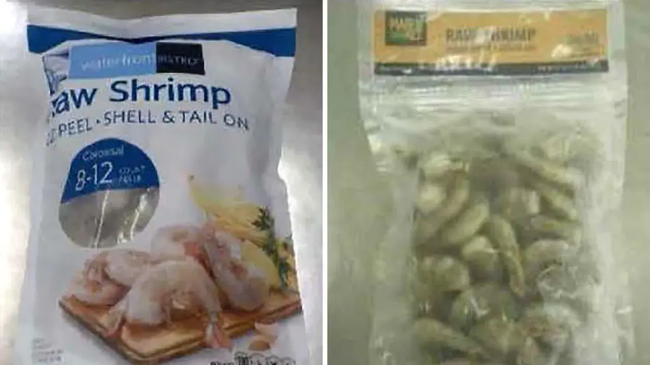 Två förpackningar råa räkor. En vit påse med texten "Raw Shrimp" och en genomskinlig plastpåse med räkor. Frågan om räkor är halal är relevant för många.
