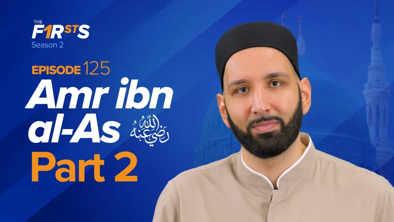 En man med skägg och en svart mössa, med texten "Amr ibn al-As Part 2" och en moské i bakgrunden.