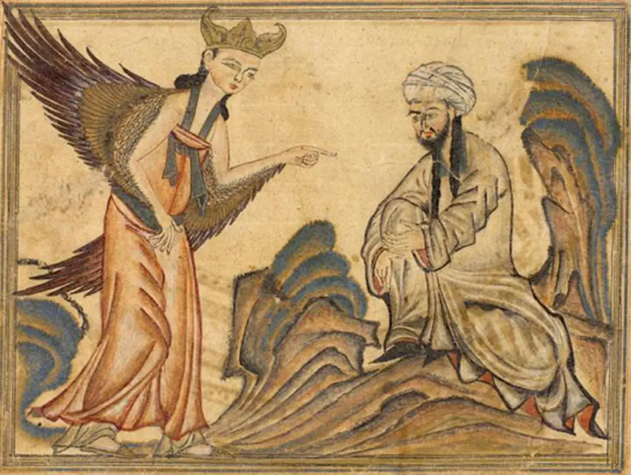 En bevingrad gestalt med krona talar till en man med turban. En illustration som visar &auml;nglar i islam.