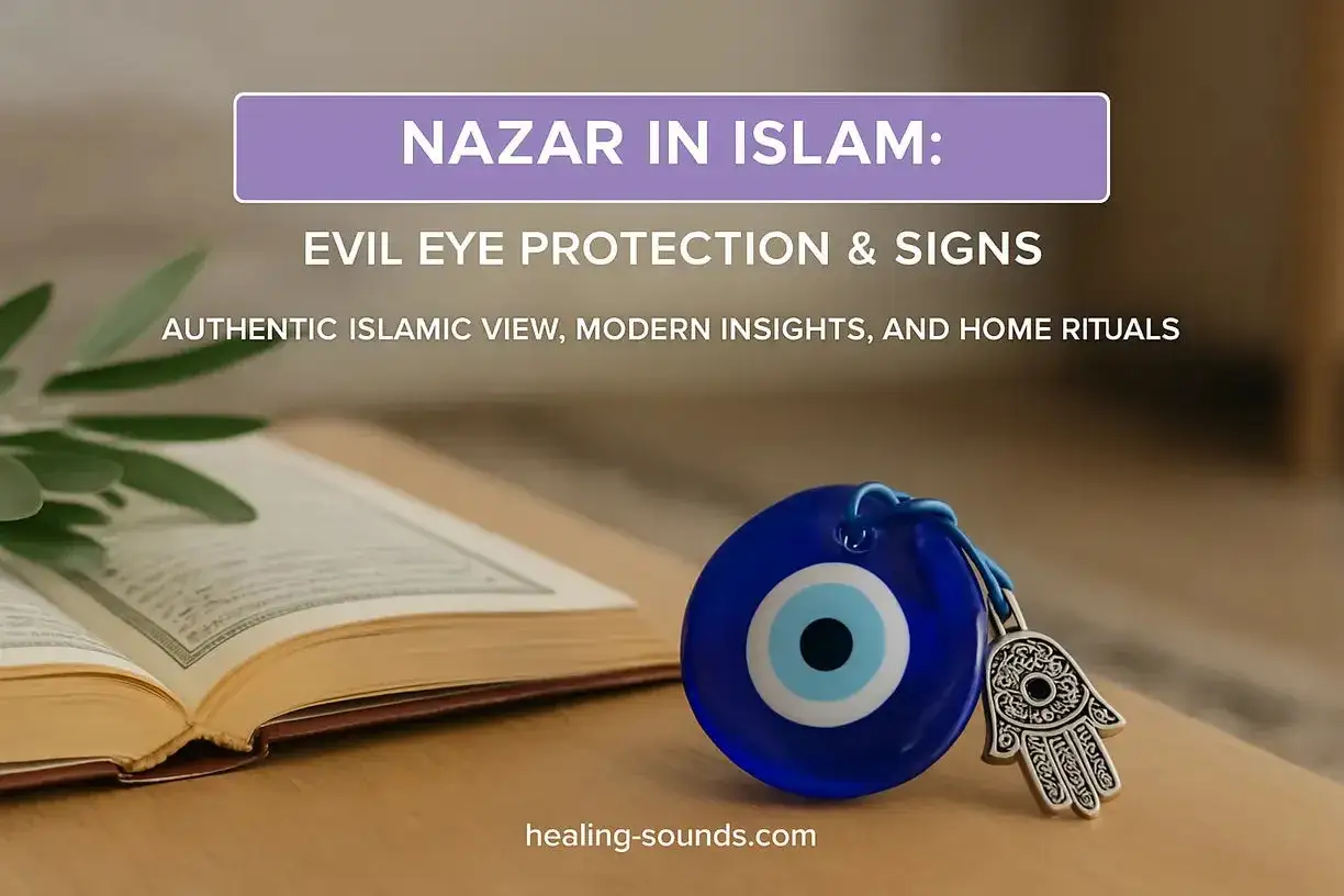 En öppen bok, en grön kvist och ett blått nazar-öga med en hand av Fatima. En symbol för dua för skydd mot det onda ögat.