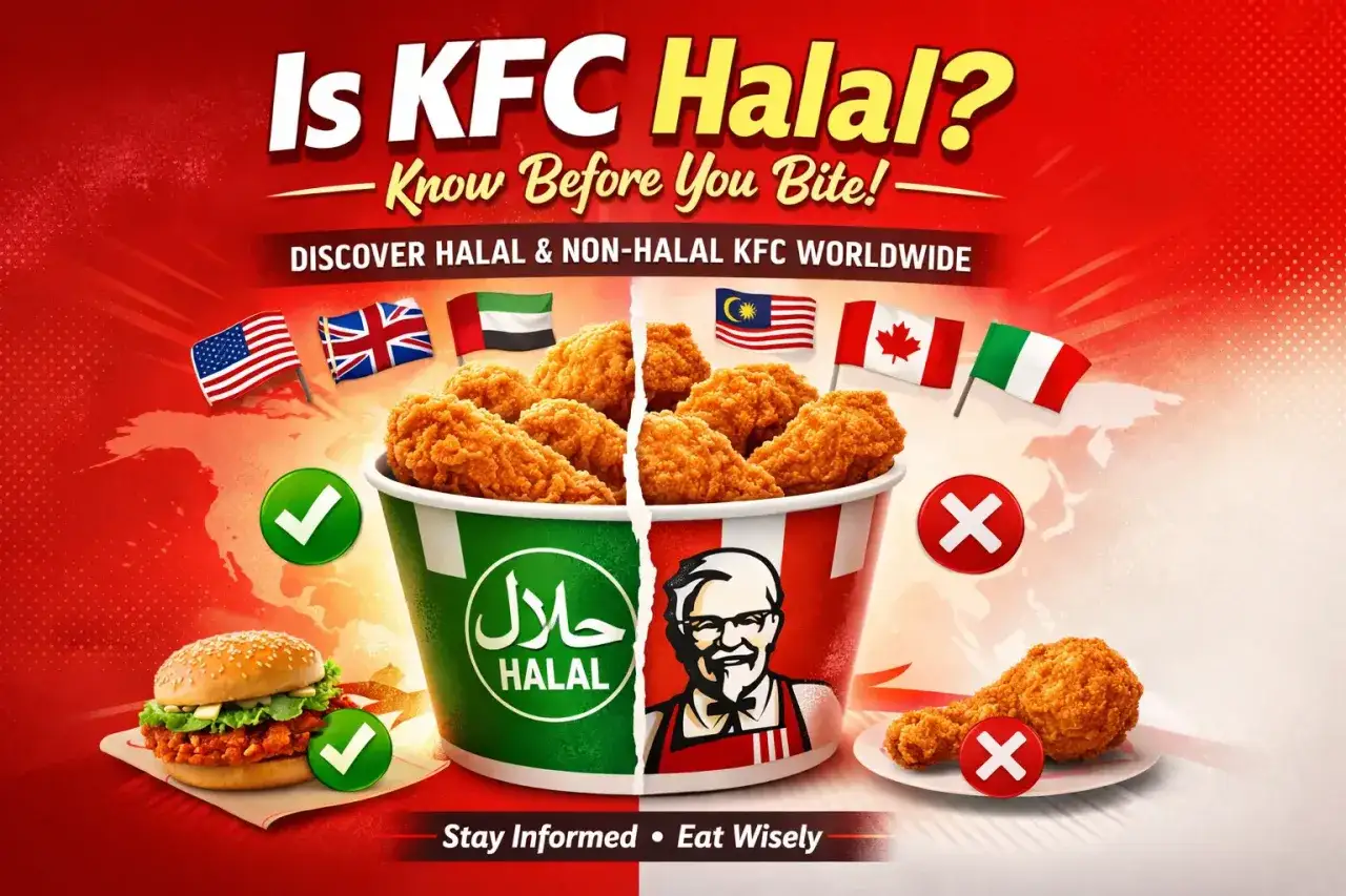 &Auml;r KFC halal i Sverige? Bilden visar en delad hink med kyckling, en med halal-symbol, och flaggor fr&aring;n olika l&auml;nder.