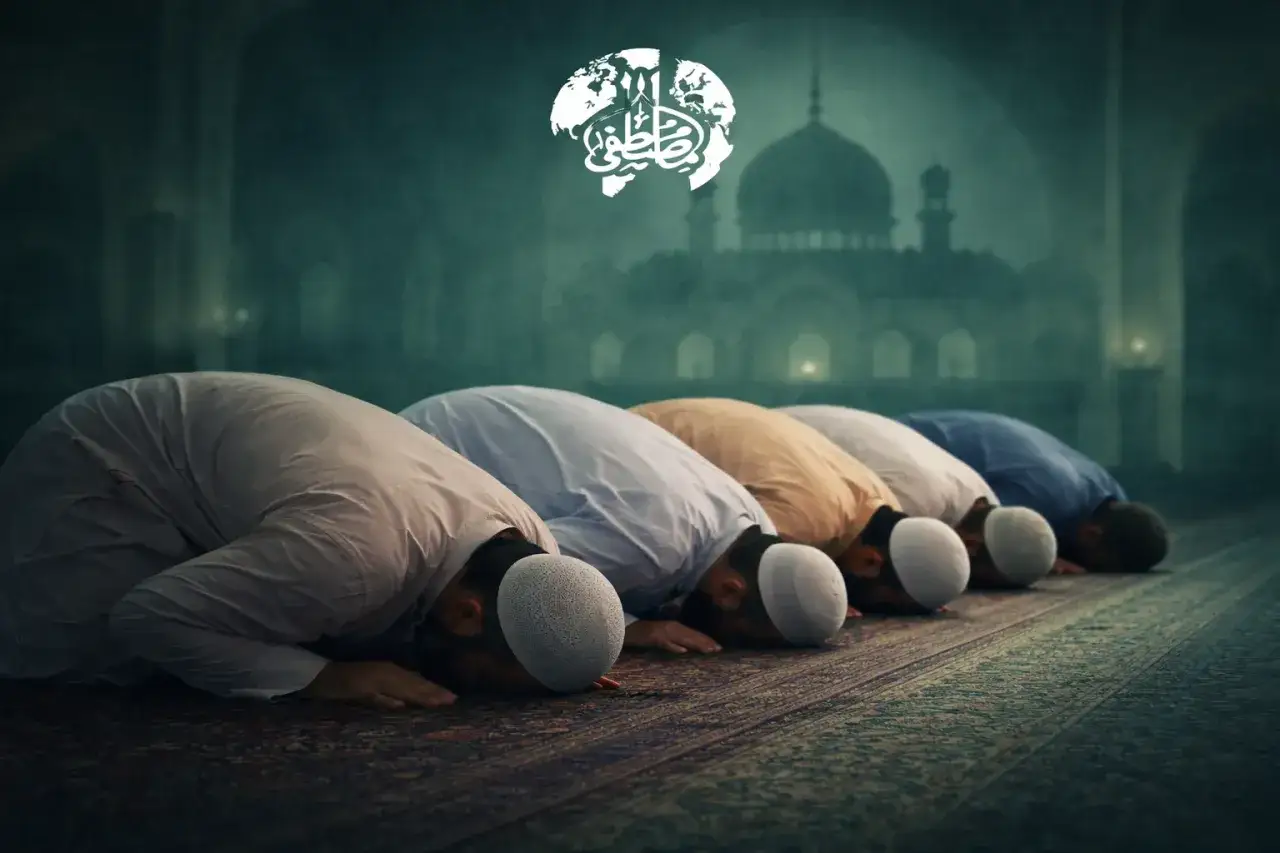 Män i rad utför witr prayer i en moské, med en stiliserad jordglob och kalligrafi ovanför.