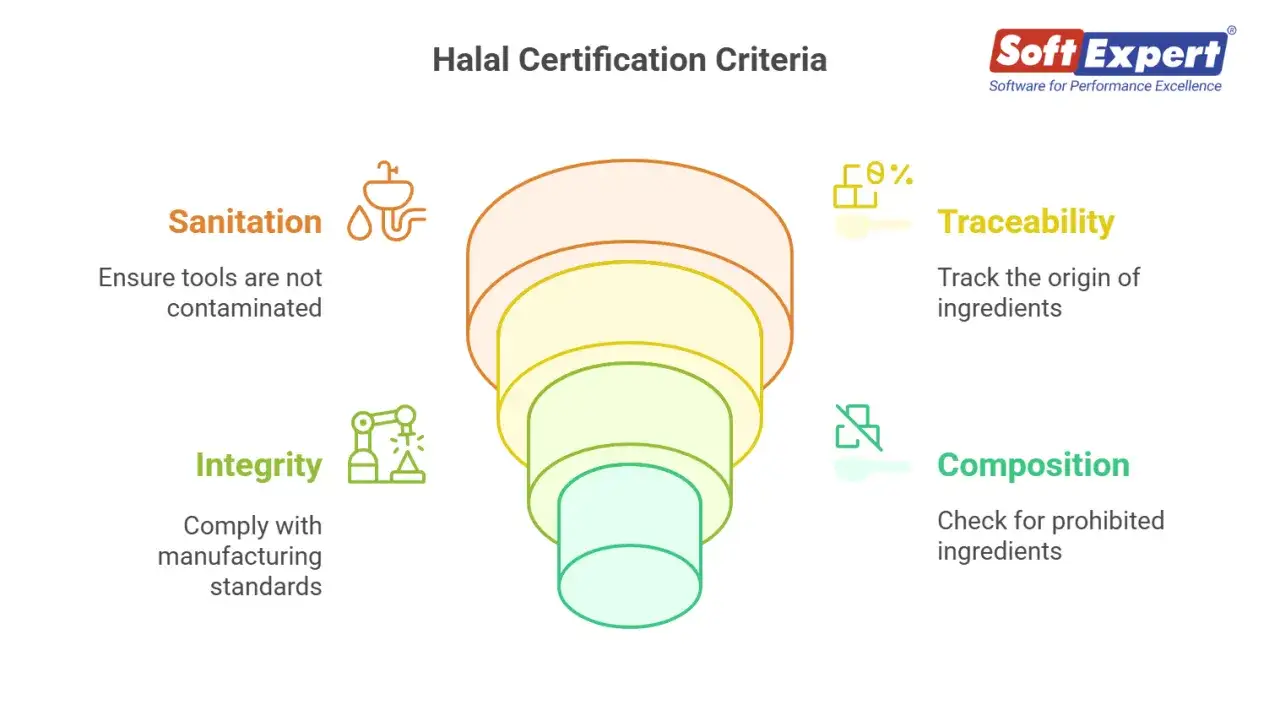 Grafik som förklarar vad betyder halal: renlighet, integritet, spårbarhet och sammansättning.