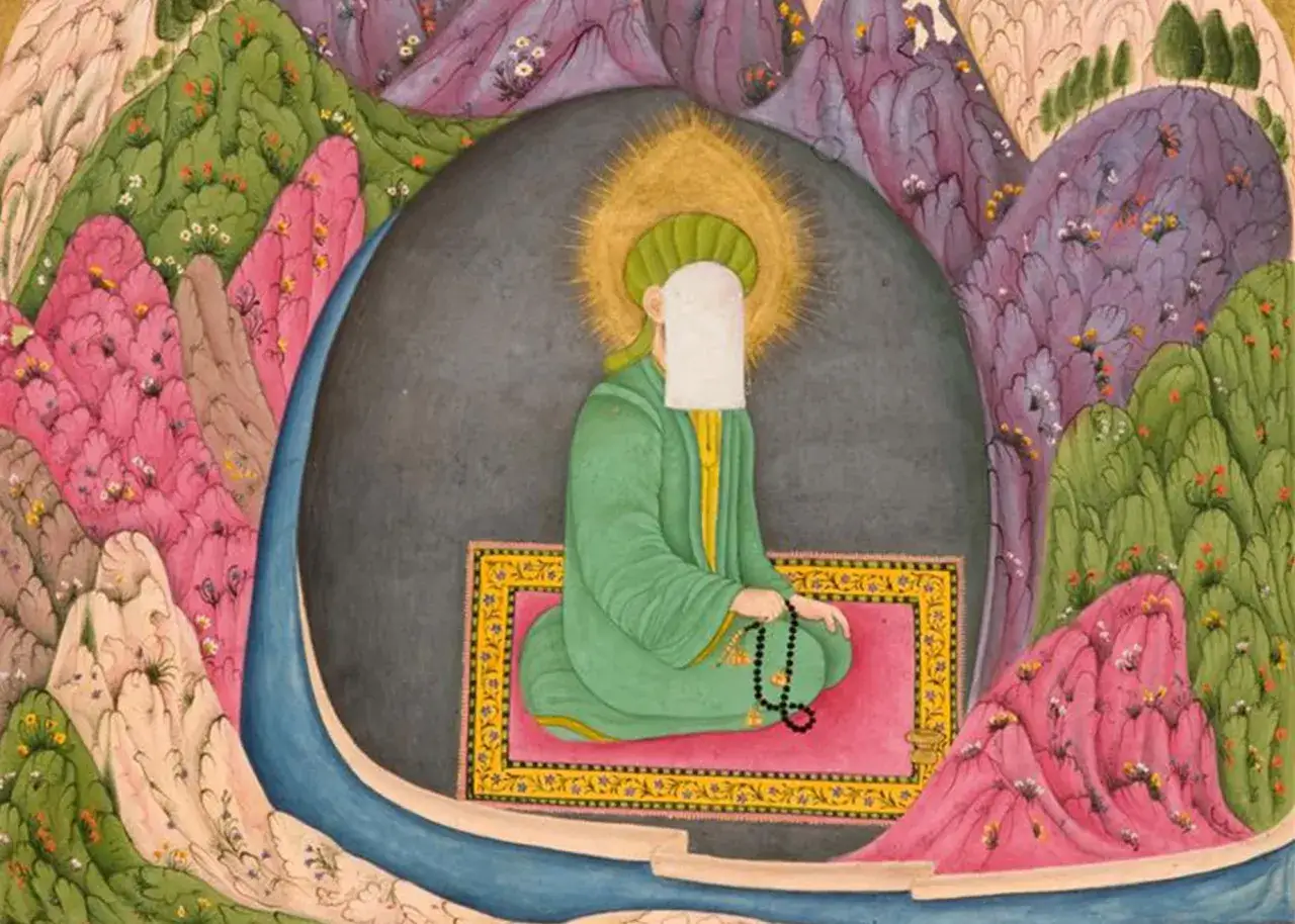 En islamisk profet, med en gloria, sitter i en grotta omgiven av färgstarka berg. Denna bild representerar alla profeter i islam.