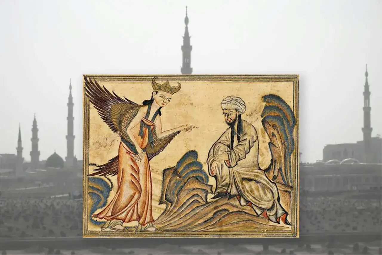 En ängel med vingar pekar på en man i en traditionell dräkt. Bakgrunden visar silhuetter av moskéer, vilket kan associeras med profeten Muhammeds familjeträd.