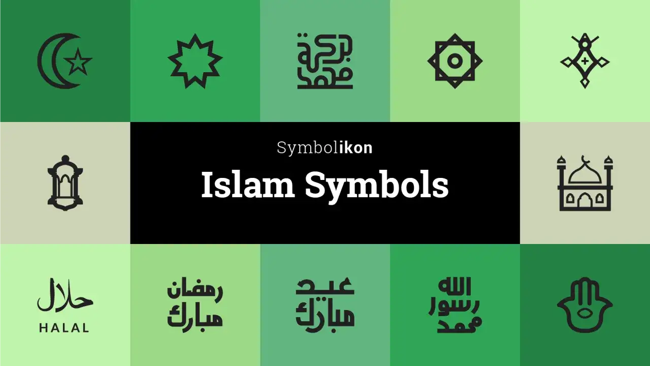 Symboler relaterade till islam, som halvmåne, stjärna, moské och arabisk kalligrafi. Här finns fakta om islam.