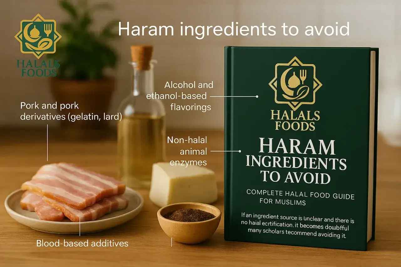 En bok om haram-ingredienser visar fläsk, alkohol och blodbaserade tillsatser som undviks av muslimer.