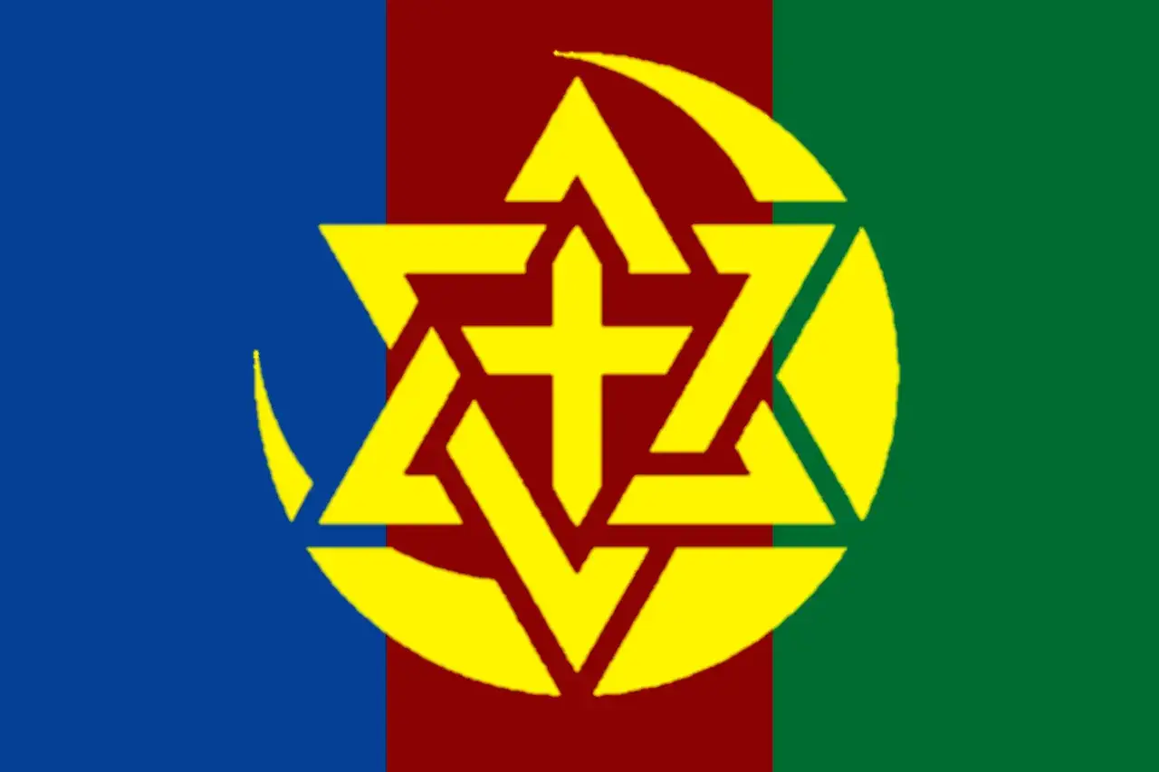 En flagga med symboler för judendom, kristendom och islam, som representerar de abrahamitiska religionerna.