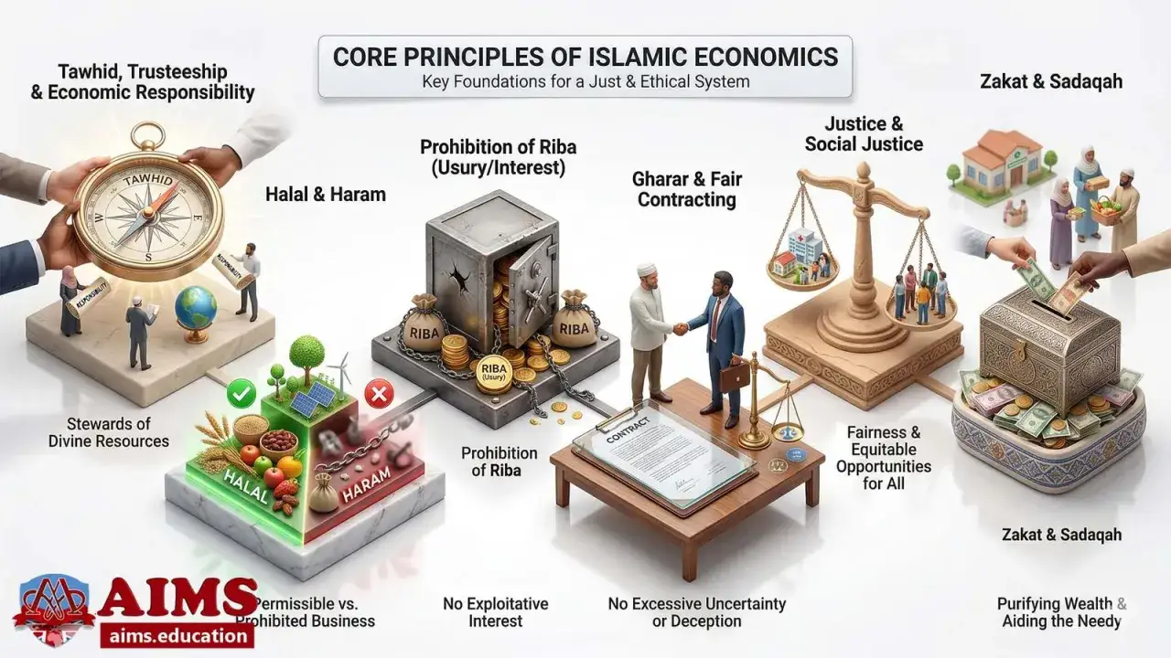 Islam förbjuder synder som riba (ränta) och oärliga affärer. Istället betonas rättvisa, givmildhet och ansvar.